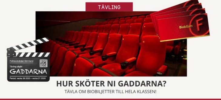  Tävlingsbild med röda biostolar, en biobiljett och en filmklappa som illustrerar en skoltävling där vinnande klass får biobiljetter.