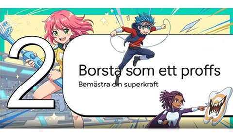 Illustration i serietidningsstil med tre animerade figurer som borstar tänder. I mitten står texten “Borsta som ett proffs – Bemästra din superkraft”, omgiven av färgglada rörelselinjer och grafiska effekter.